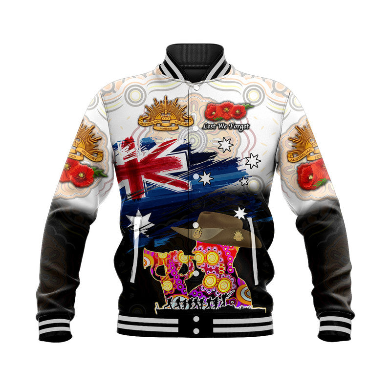 (Custom Personalised) Australia Aboriginal ANZAC Baseball Jacket Remembrance Vibes - White - Vibe Hoodie Shop