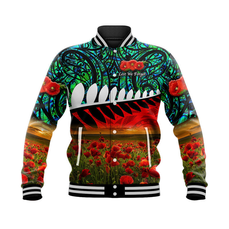 (Custom Personalised) New Zealand Maori ANZAC Baseball Jacket Poppy Vibes - Turquoise - Vibe Hoodie Shop