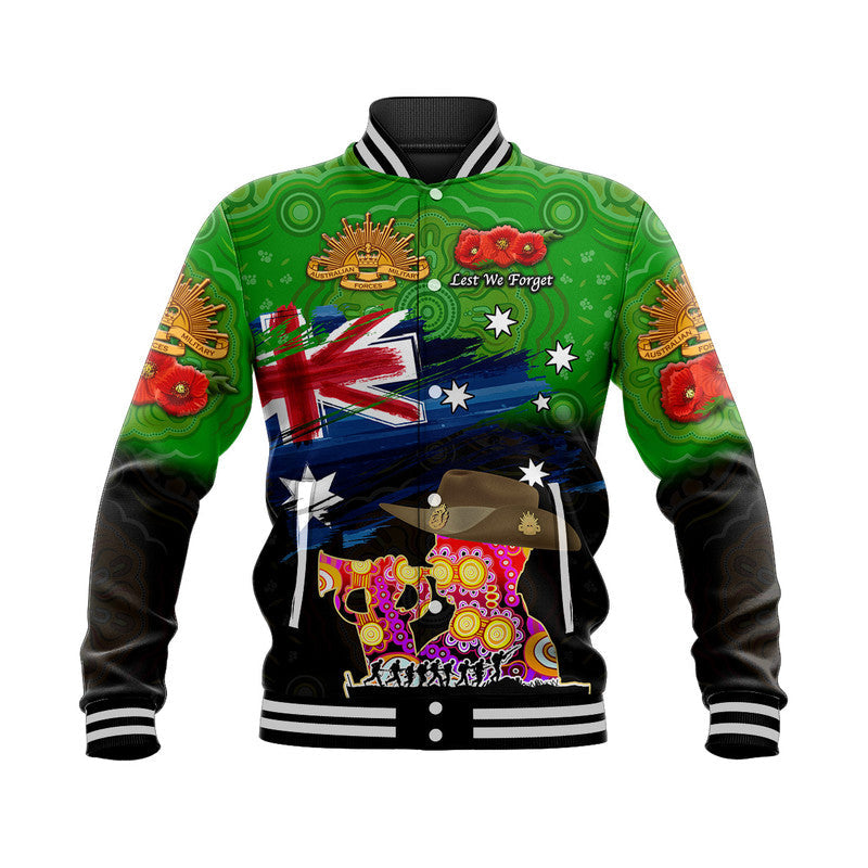 (Custom Personalised) Australia Aboriginal ANZAC Baseball Jacket Remembrance Vibes - Green - Vibe Hoodie Shop