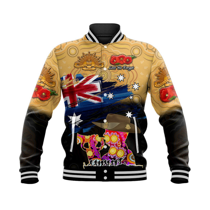 (Custom Personalised) Australia Aboriginal ANZAC Baseball Jacket Remembrance Vibes - Gold - Vibe Hoodie Shop