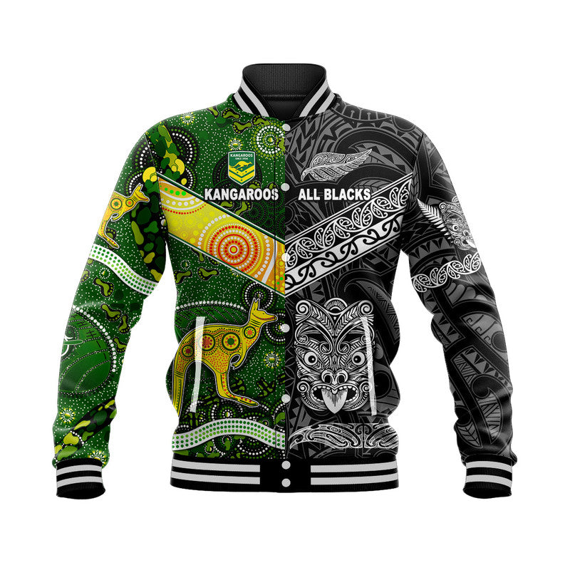 (Custom Personalised) New Zealand Maori All Black And Australia Kangaroos Aboriginal Baseball Jacket Rugby Together - Vibe Hoodie Shop