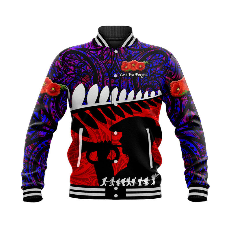 (Custom Personalised) New Zealand Maori ANZAC Baseball Jacket Remembrance Soldier - Purple - Vibe Hoodie Shop