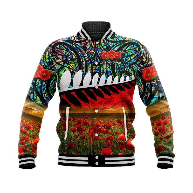 (Custom Personalised) New Zealand Maori ANZAC Baseball Jacket Poppy Vibes - Paua Shell - Vibe Hoodie Shop