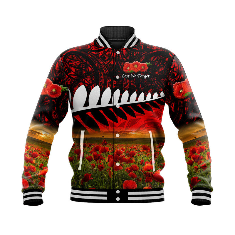 New Zealand Maori ANZAC Baseball Jacket Poppy Vibes - Red - Vibe Hoodie Shop