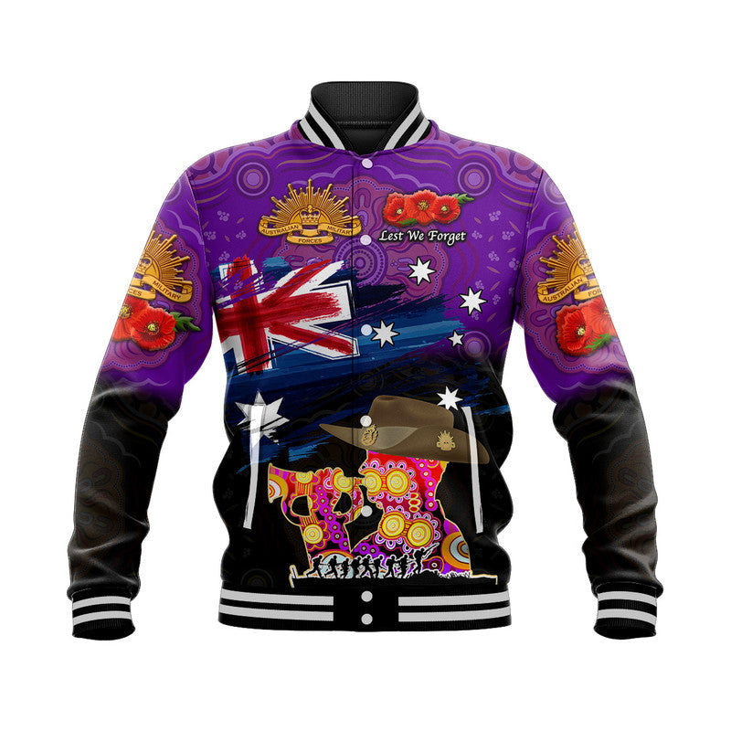 (Custom Personalised) Australia Aboriginal ANZAC Baseball Jacket Remembrance Vibes - Purple - Vibe Hoodie Shop