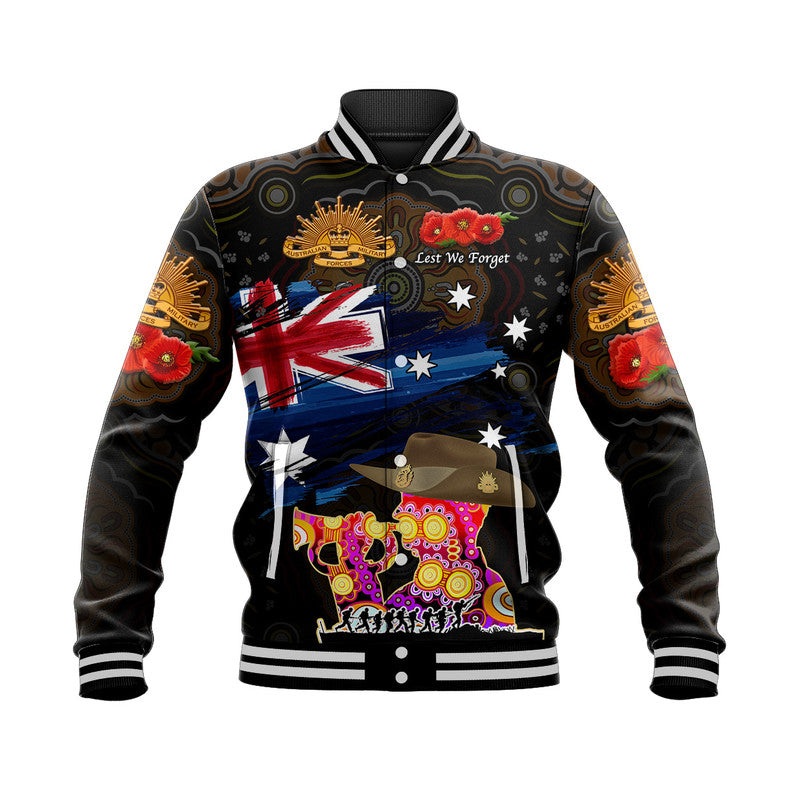 (Custom Personalised) Australia Aboriginal ANZAC Baseball Jacket Remembrance Vibes - Black - Vibe Hoodie Shop