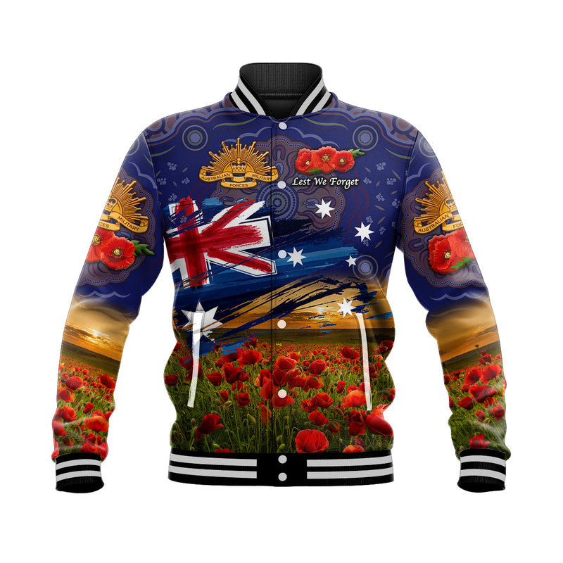 (Custom Personalised) Australia Aboriginal ANZAC Baseball Jacket Poppy Vibes - Navy - Vibe Hoodie Shop