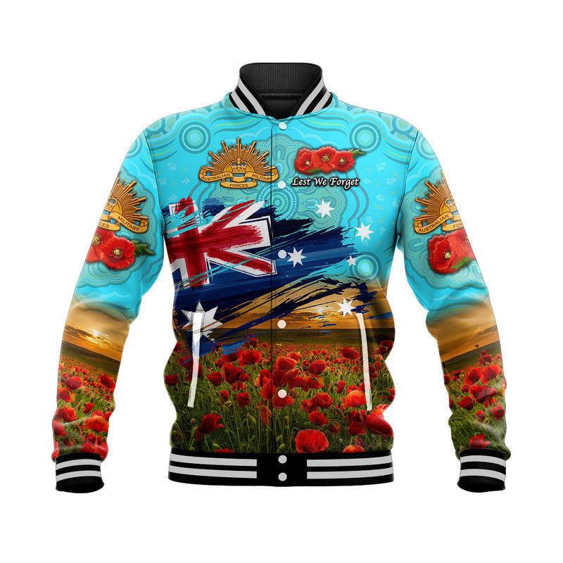 (Custom Personalised) Australia Aboriginal ANZAC Baseball Jacket Poppy Vibes - Blue - Vibe Hoodie Shop