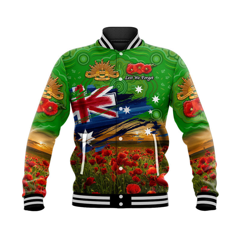 (Custom Personalised) Australia Aboriginal ANZAC Baseball Jacket Poppy Vibes - Green - Vibe Hoodie Shop