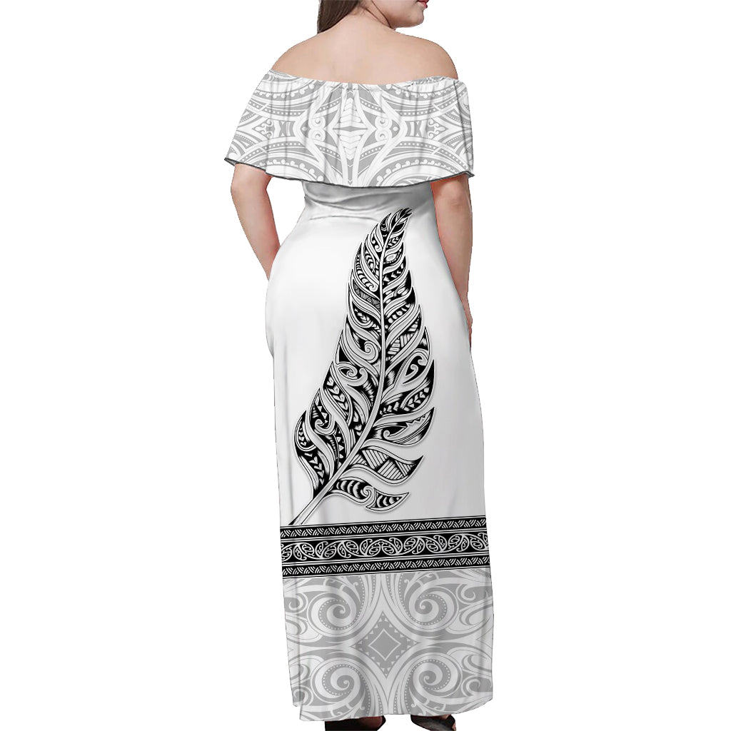 (Custom Personalised) New Zealand Off Shoulder Long Dress Maori Pattern Silver Fern White - Vibe Hoodie Shop