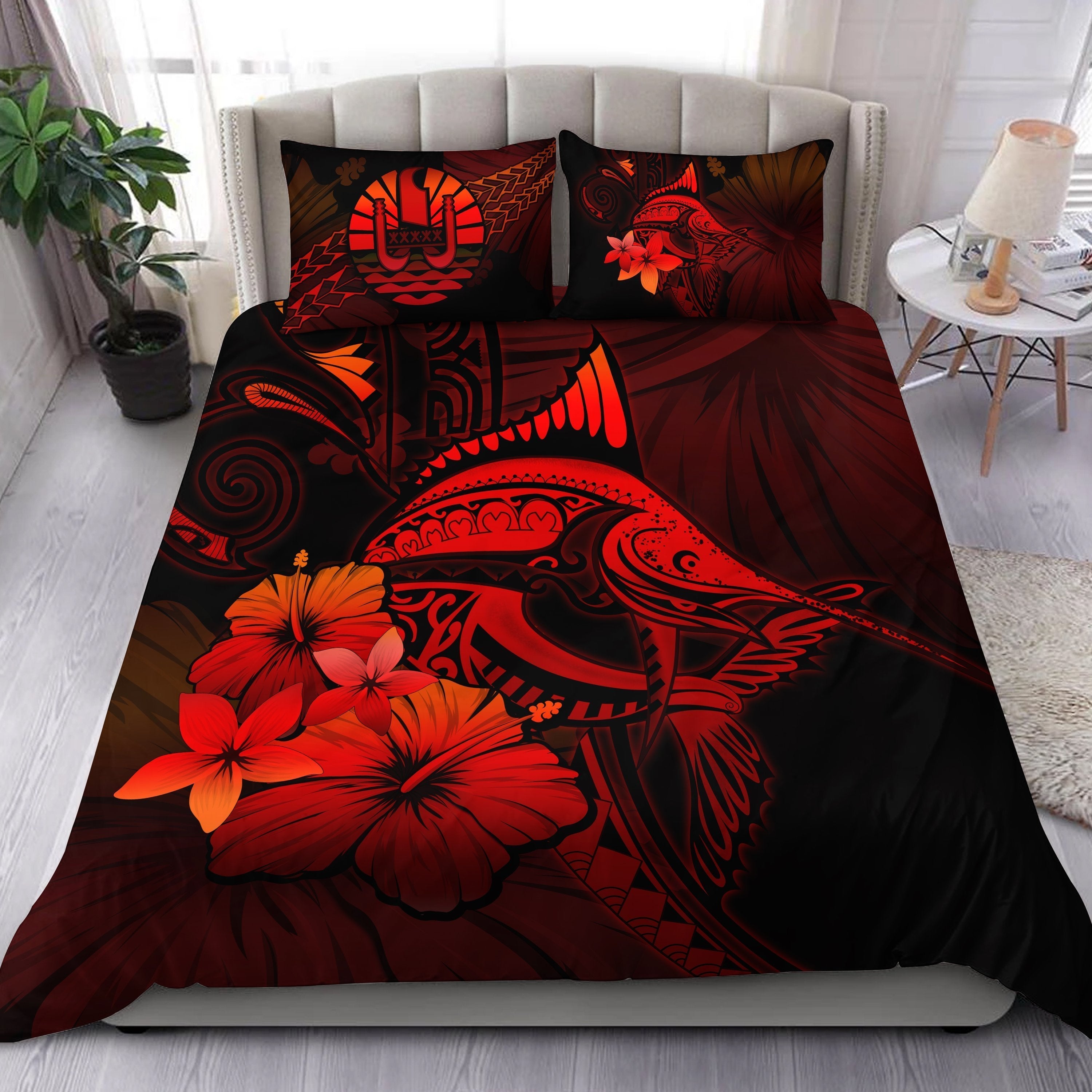 Tahiti Bedding Set - Red Marlin and Hibiscus - Vibe Hoodie Shop