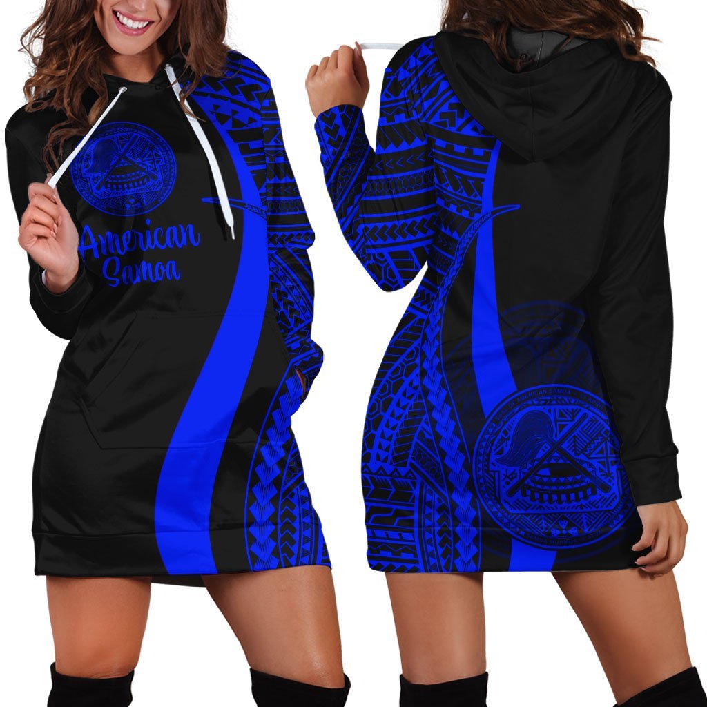 American Samoa Women's Hoodie Dress - Blue Polynesian Tentacle Tribal Pattern - Vibe Hoodie Shop