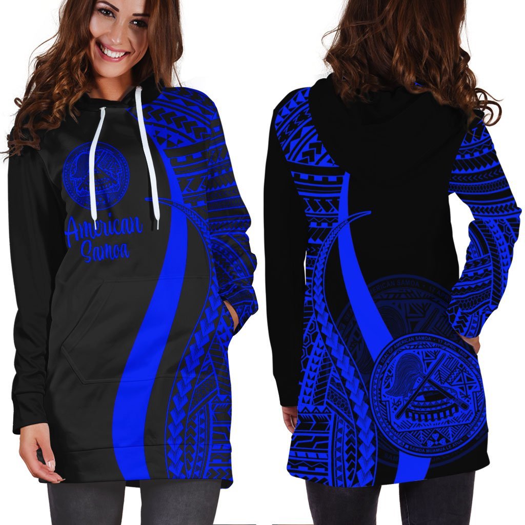 American Samoa Women's Hoodie Dress - Blue Polynesian Tentacle Tribal Pattern - Vibe Hoodie Shop