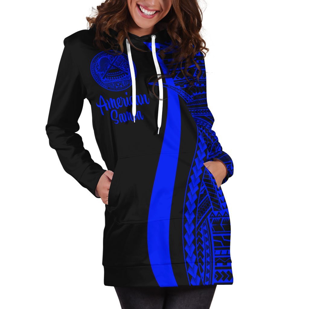 American Samoa Women's Hoodie Dress - Blue Polynesian Tentacle Tribal Pattern - Vibe Hoodie Shop