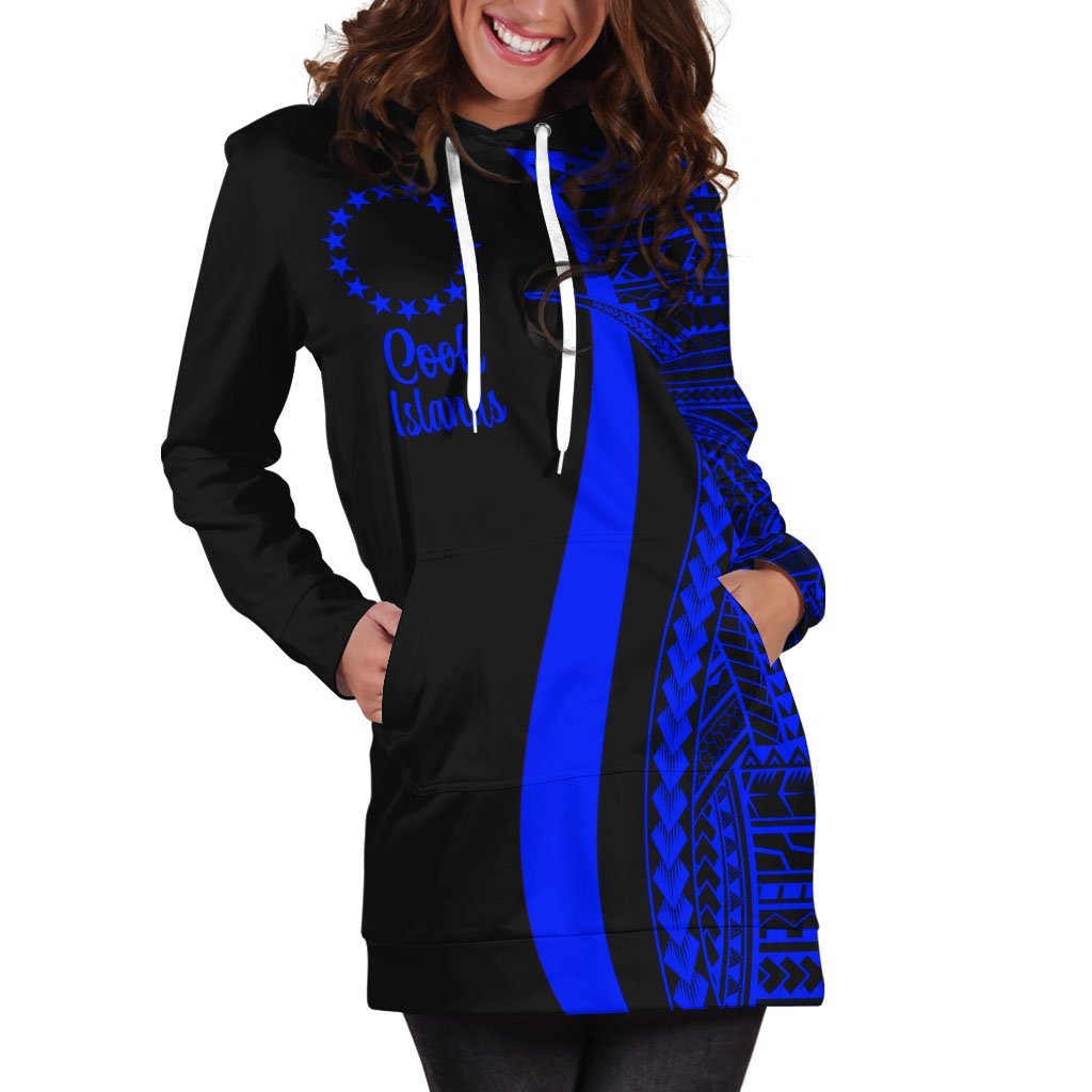 Cook Islands Women's Hoodie Dress - Blue Polynesian Tentacle Tribal Pattern - Vibe Hoodie Shop