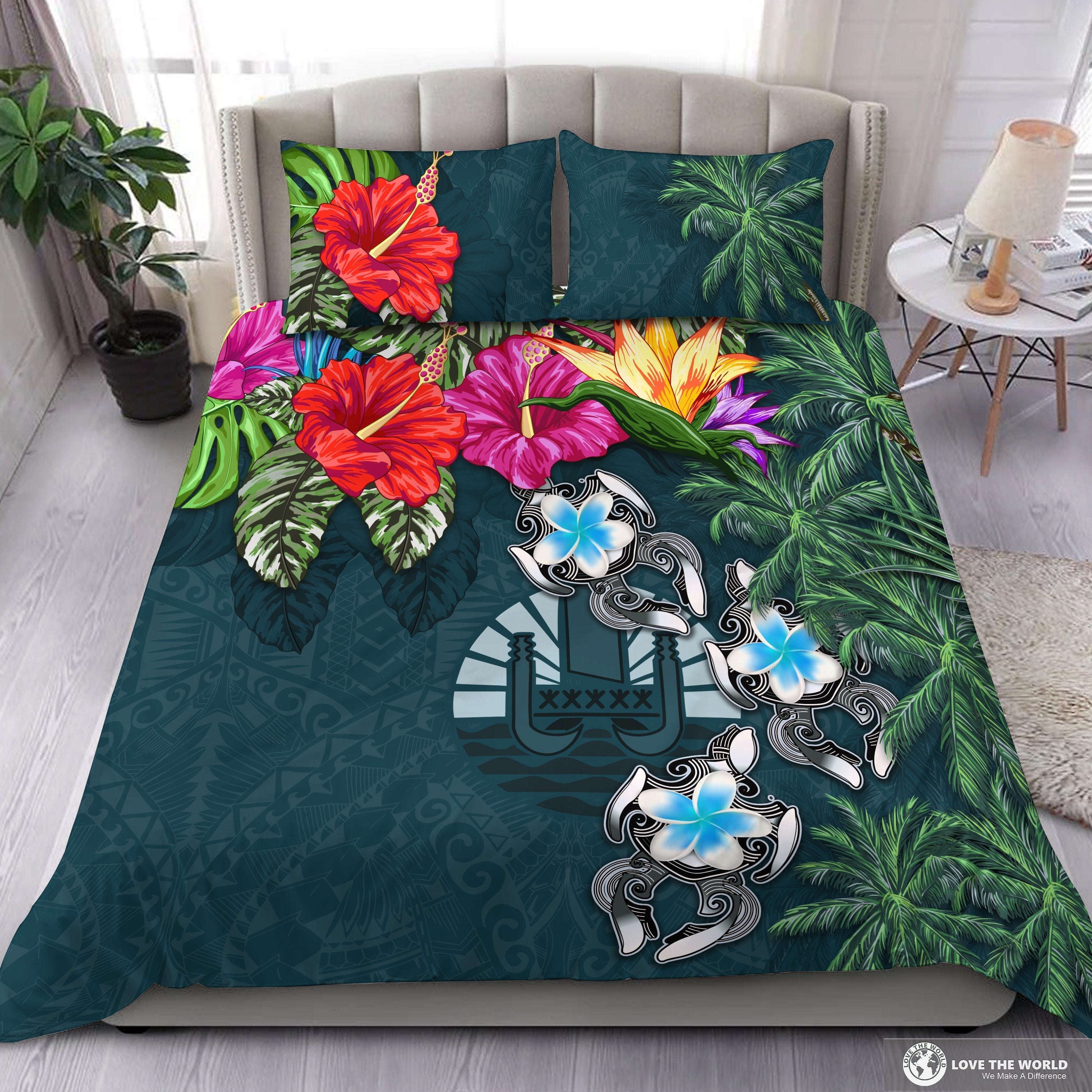 Tahiti Bedding Set - Hibiscus Turtle Tattoo Blue - Vibe Hoodie Shop