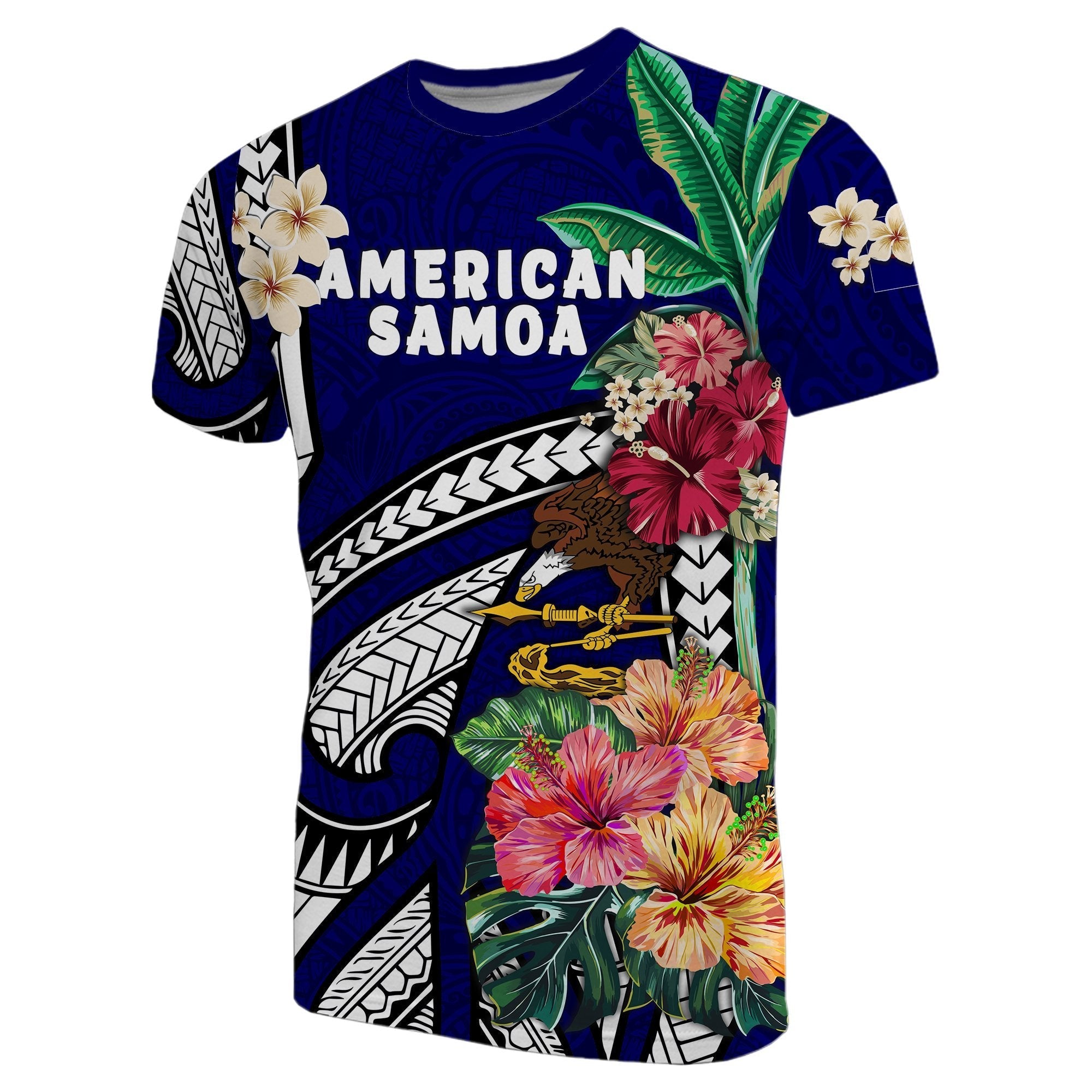 American Samoa T shirt Coat Of Arms Polynesian With Hibiscus - Blue - Vibe Hoodie Shop