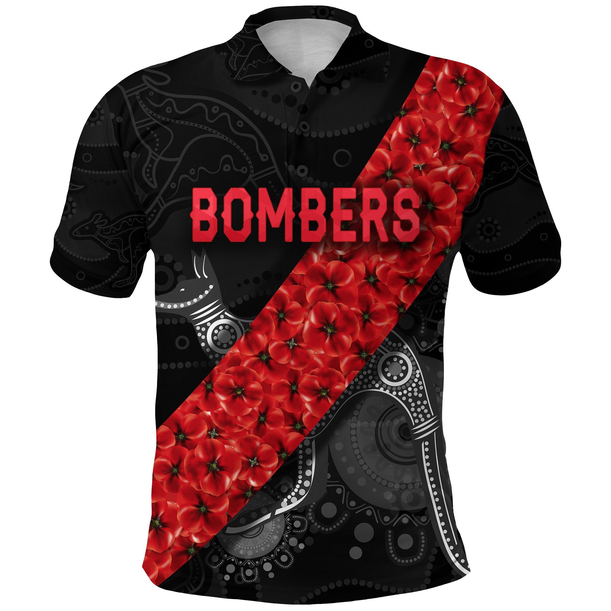 Essendon Bombers Polo Shirt ANZAC Day Indigenous - Black - Vibe Hoodie Shop