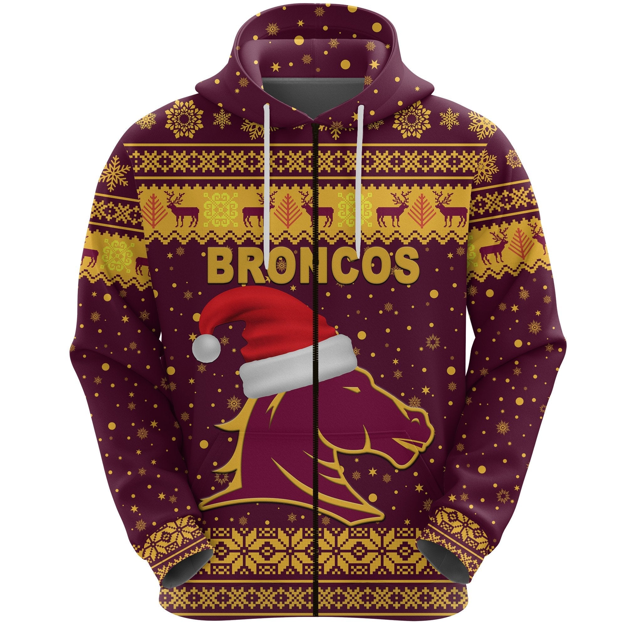 Brisbane Zip Hoodie Broncos Christmas Unique Vibes - Maroon - Vibe Hoodie Shop