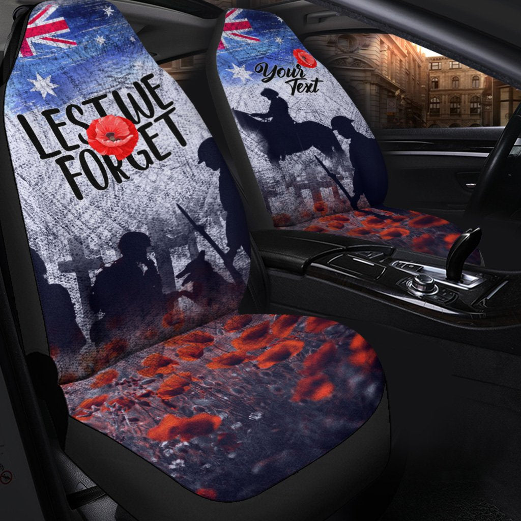 (Custom Text) ANZAC Day Car Seat Covers - Lest We Forget Vintage Poppies - Vibe Hoodie Shop