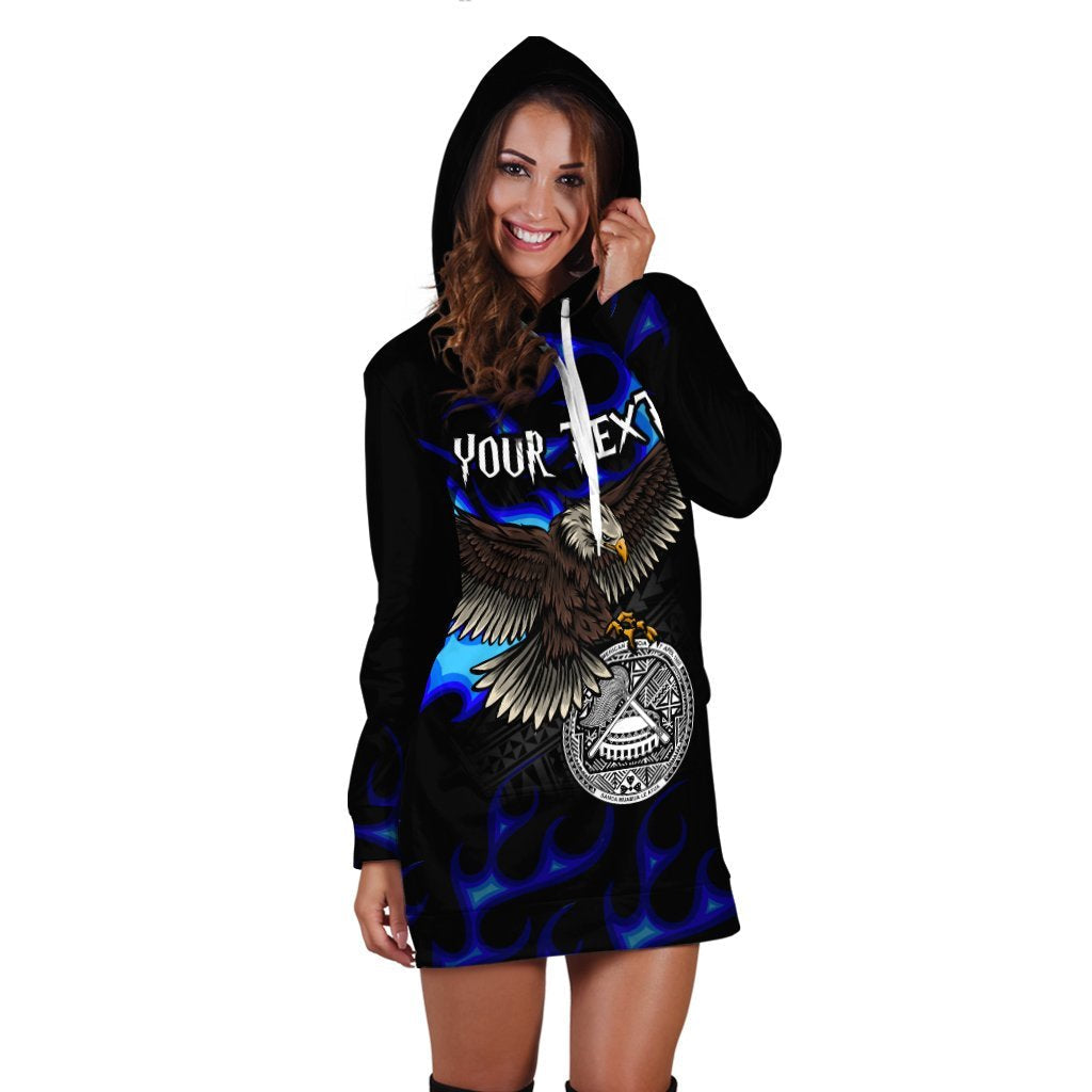 American Samoa Polynesian Custom Personalised Hoodie Dress - Eagle With Flame Blue - Vibe Hoodie Shop