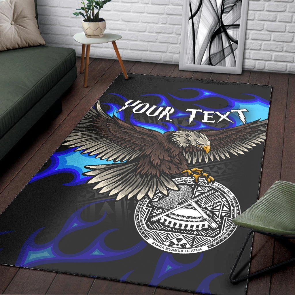 American Samoa Polynesian Custom Personalised Area Rug - Eagle With Flame Blue - Vibe Hoodie Shop