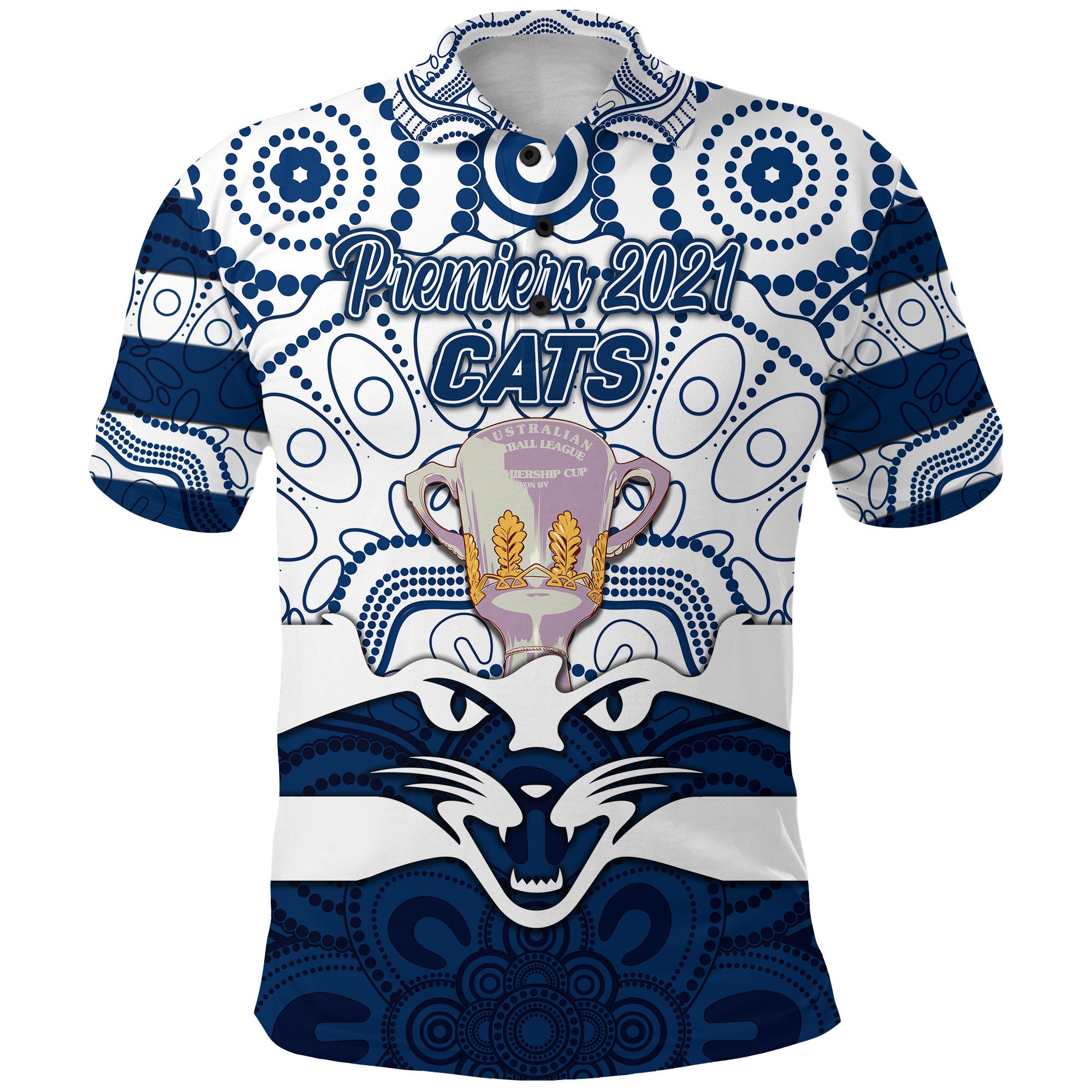 (Custom Personalised) Geelong Cats Indigenous Polo Shirt Football 2021 Premiers - Trophy, Custom Text And Number - Vibe Hoodie Shop