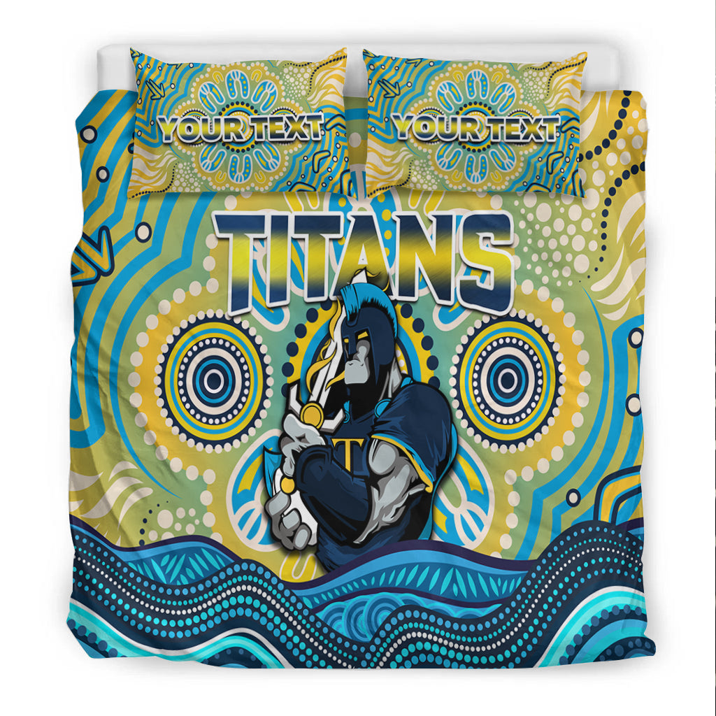 (Custom Personalised) Titans Rugby Australia Aboriginal Gold Blue Bedding Set - - Vibe Hoodie Shop