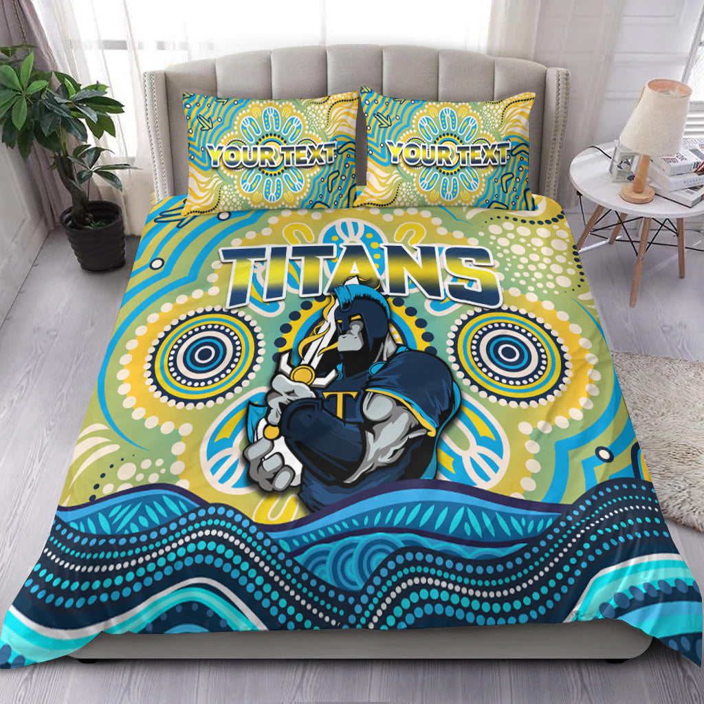 (Custom Personalised) Titans Rugby Australia Aboriginal Gold Blue Bedding Set - - Vibe Hoodie Shop