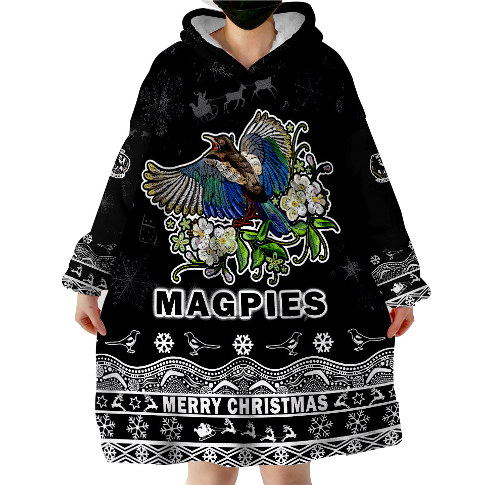 (Custom Personalised And Number) Collingwood Pies Unique Winter Season Magpies Merry Christmas Wearable Blanket Hoodie - Vibe Hoodie Shop