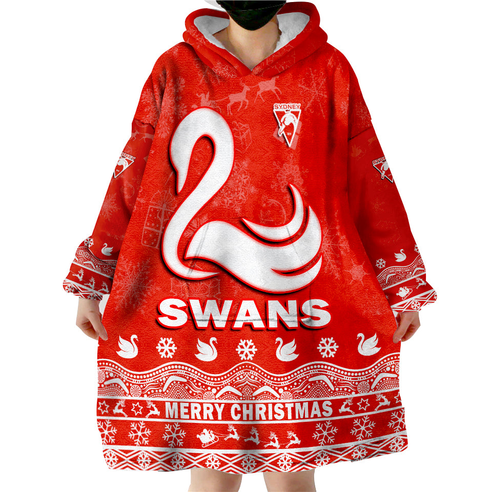 (Custom Personalised And Number) Sydney Swans Unique Winter Season Swans Merry Christmas Wearable Blanket Hoodie - Vibe Hoodie Shop