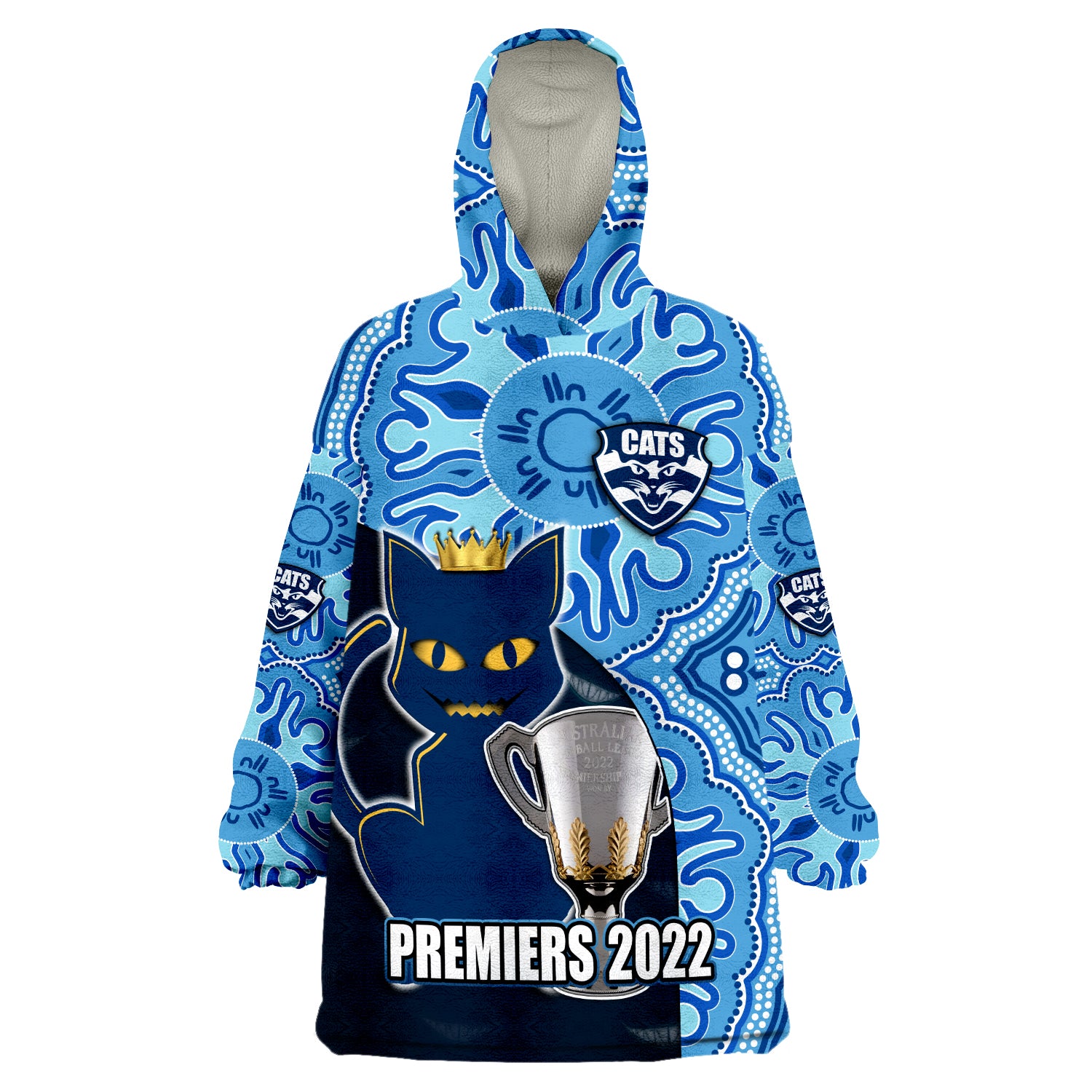 (Custom Personalised) Cats Football 2022 Premiers Geelong Indigenous Style Wearable Blanket Hoodie - Vibe Hoodie Shop