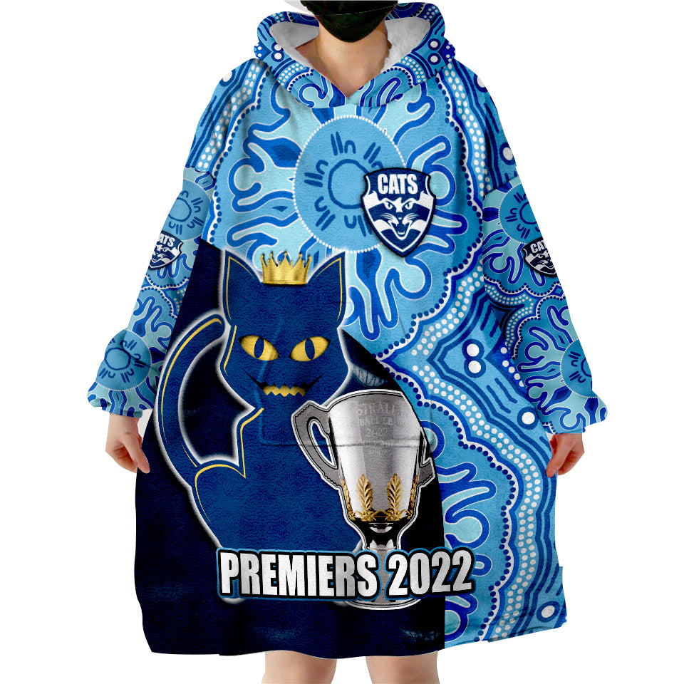 (Custom Personalised) Cats Football 2022 Premiers Geelong Indigenous Style Wearable Blanket Hoodie - Vibe Hoodie Shop