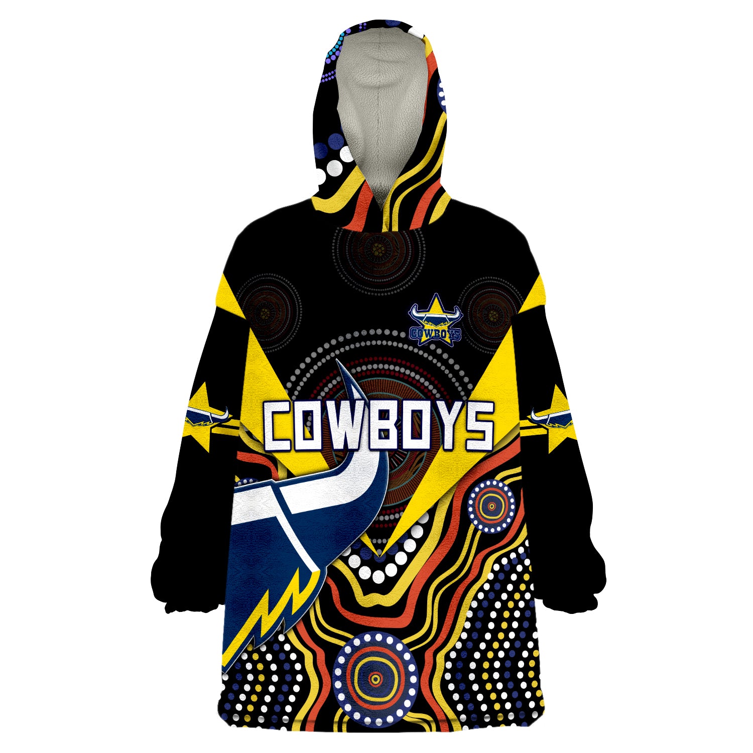 (Custom Personalised) Cowboys Rugby Indigenous Arboriginal Dot Paint Black Style Wearable Blanket Hoodie - Vibe Hoodie Shop