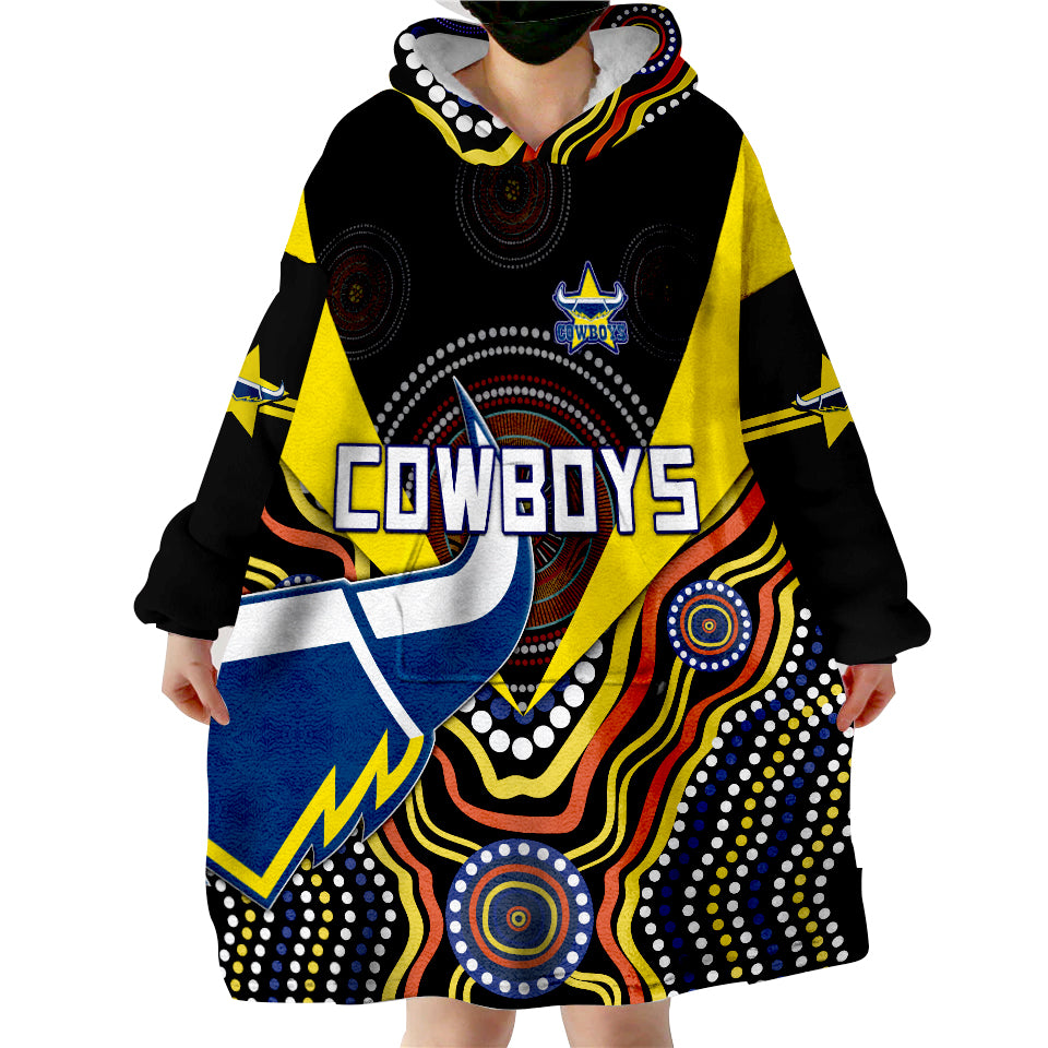 (Custom Personalised) Cowboys Rugby Indigenous Arboriginal Dot Paint Black Style Wearable Blanket Hoodie - Vibe Hoodie Shop