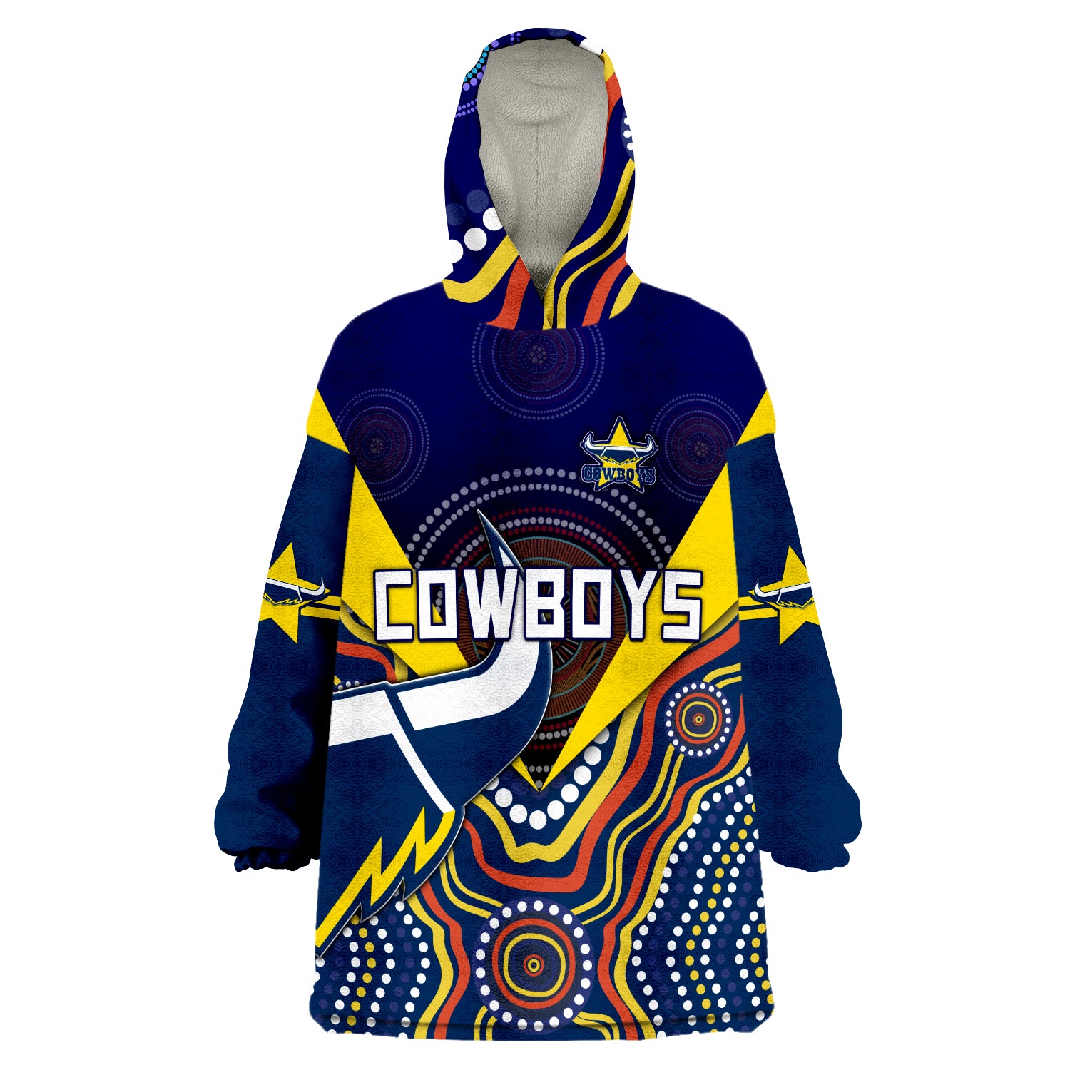 (Custom Personalised) Cowboys Rugby Indigenous Arboriginal Dot Paint Navy Style Wearable Blanket Hoodie - Vibe Hoodie Shop