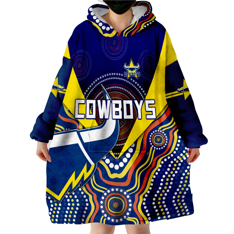 (Custom Personalised) Cowboys Rugby Indigenous Arboriginal Dot Paint Navy Style Wearable Blanket Hoodie - Vibe Hoodie Shop