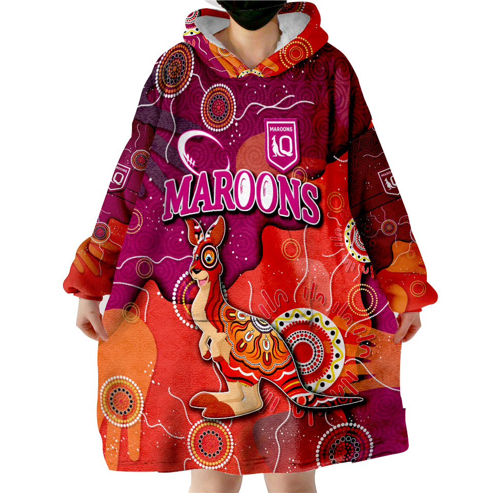 (Custom Personalised) Queenslanders Rugby Maroons Aboriginal Style Wearable Blanket Hoodie - Vibe Hoodie Shop