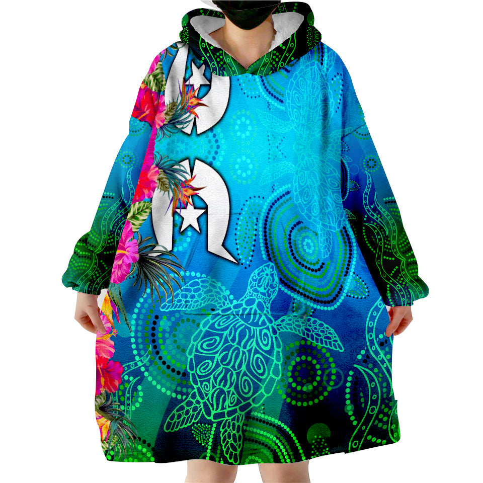 (Custom Personalised) Torres Strait Blue Sea With Hibiscus Wearable Blanket Hoodie - Vibe Hoodie Shop