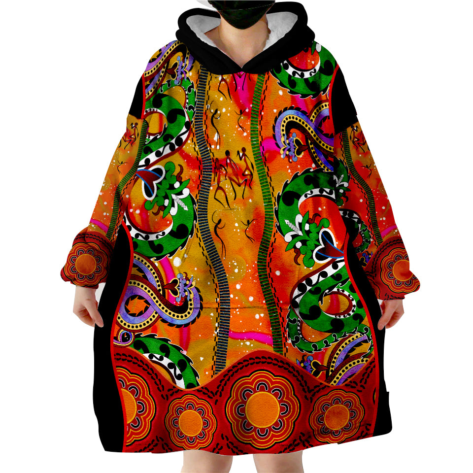 (Custom Text And Number) Aboriginal Aussie Indigenous Patterns Orange Wearable Blanket Hoodie - Vibe Hoodie Shop