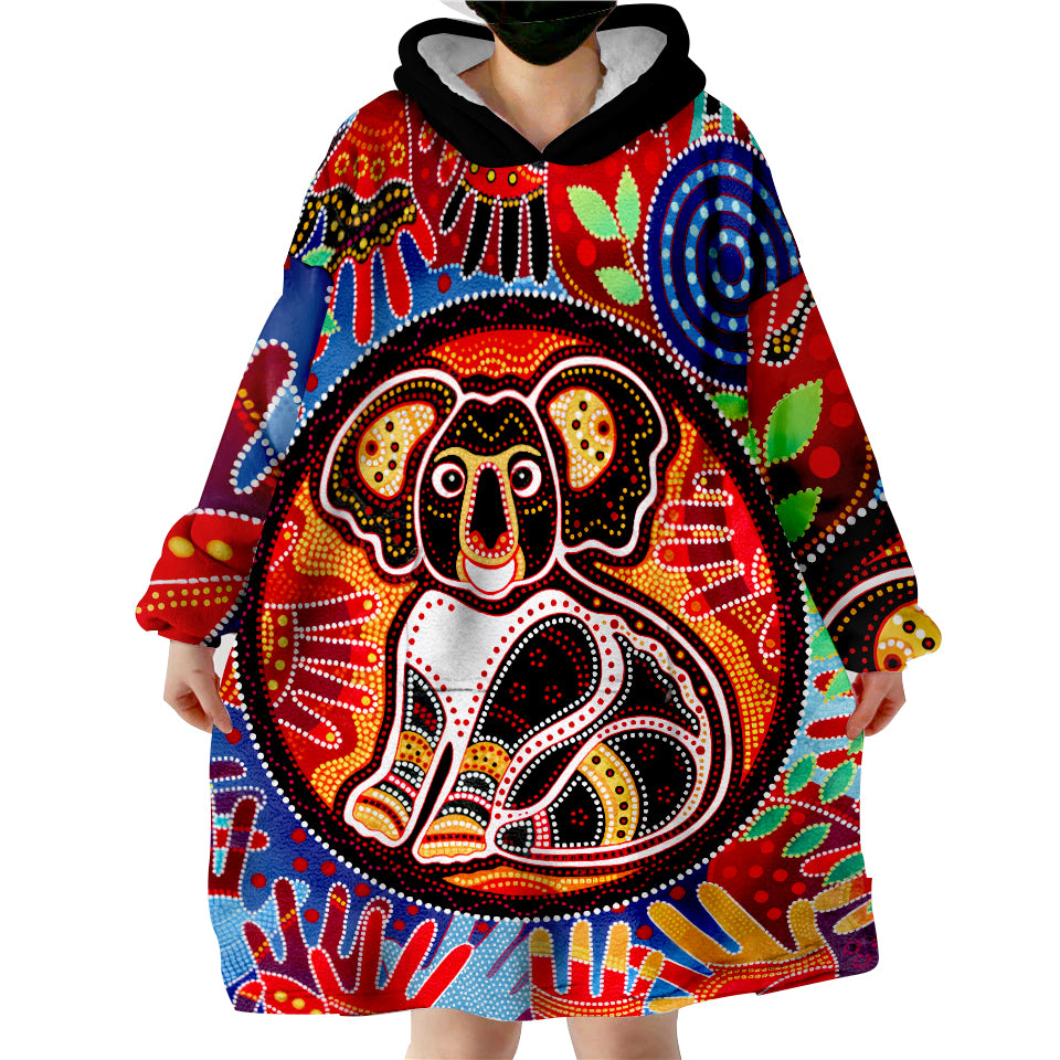 (Custom Text And Number) Aboriginal Koala and Hand Art Dot Painting Wearable Blanket Hoodie - Vibe Hoodie Shop