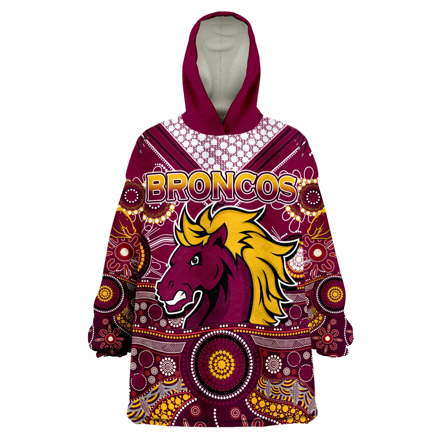 (Custom Text And Number) Broncos Rugby Indigenous Pattern Artsy Ver.02 Wearable Blanket Hoodie - Vibe Hoodie Shop