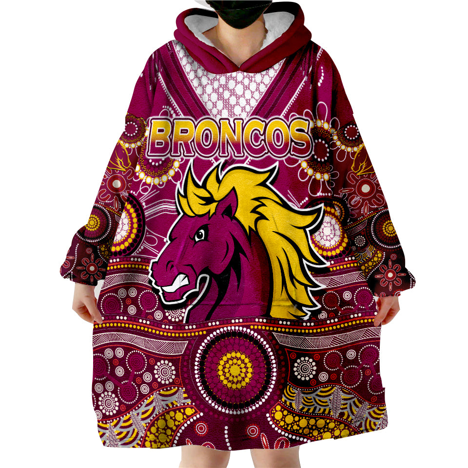 (Custom Text And Number) Broncos Rugby Indigenous Pattern Artsy Ver.02 Wearable Blanket Hoodie - Vibe Hoodie Shop