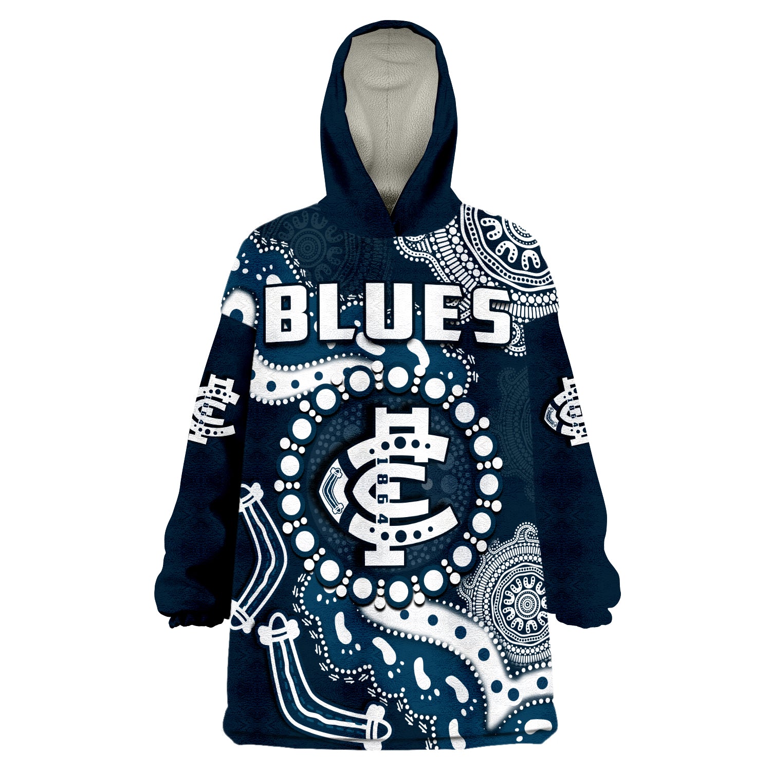 (Custom Text And Number) Carlton Football Blues 1864 Boomerang Indigenous Artsy Wearable Blanket Hoodie - Vibe Hoodie Shop