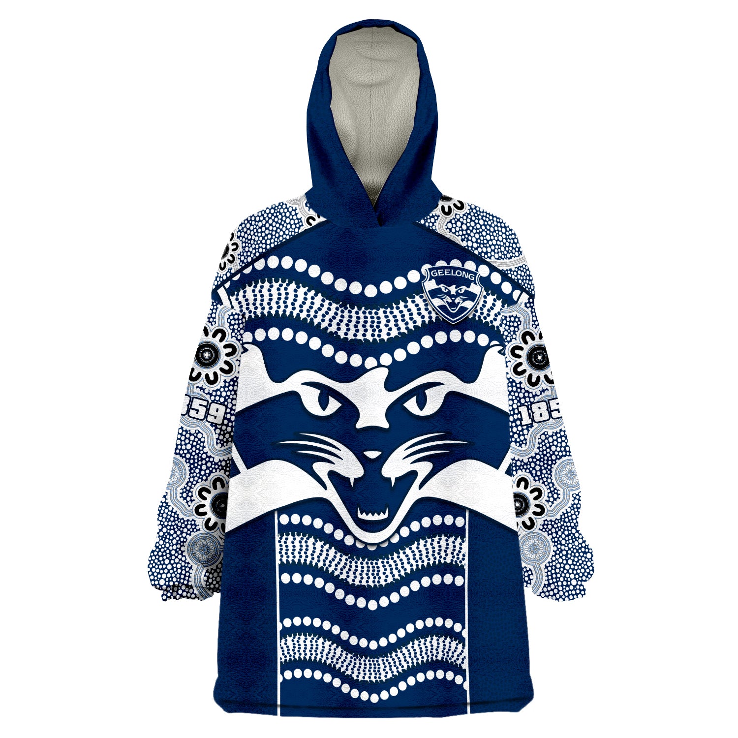 (Custom Text And Number) Cats Football Geelong 1859 Indigenous Sporty Version Wearable Blanket Hoodie - Vibe Hoodie Shop