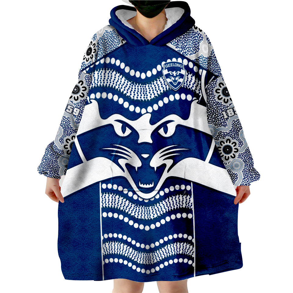 (Custom Text And Number) Cats Football Geelong 1859 Indigenous Sporty Version Wearable Blanket Hoodie - Vibe Hoodie Shop
