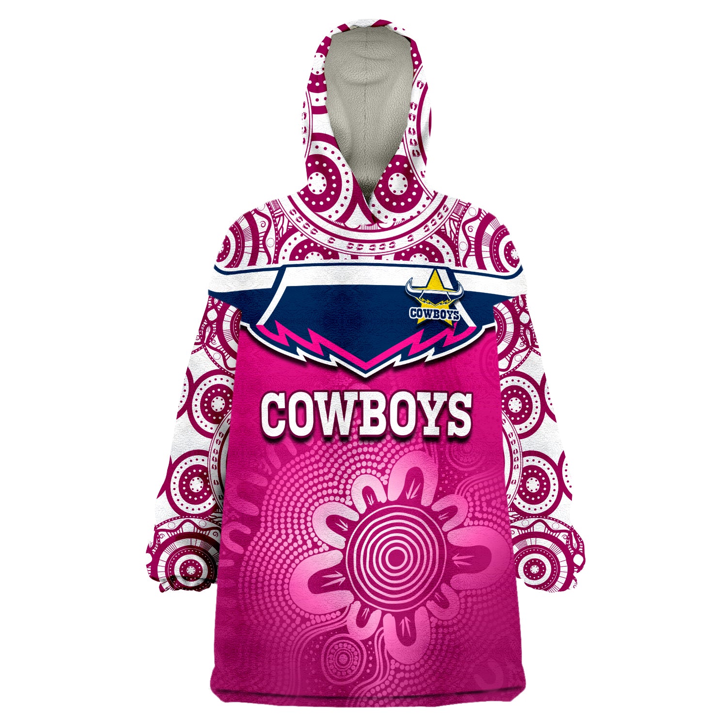 (Custom Text And Number) Cowboys Rugby Aboriginal Pattern Pink Version Wearable Blanket Hoodie - Vibe Hoodie Shop