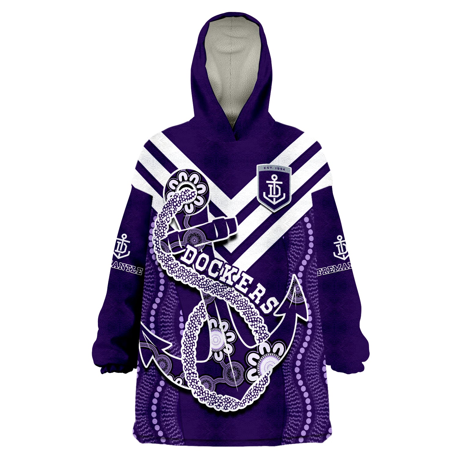 (Custom Text And Number) Dockers Football Fremantle Anchor Mix Aboriginal Pattern Dynamic Style Wearable Blanket Hoodie - Vibe Hoodie Shop