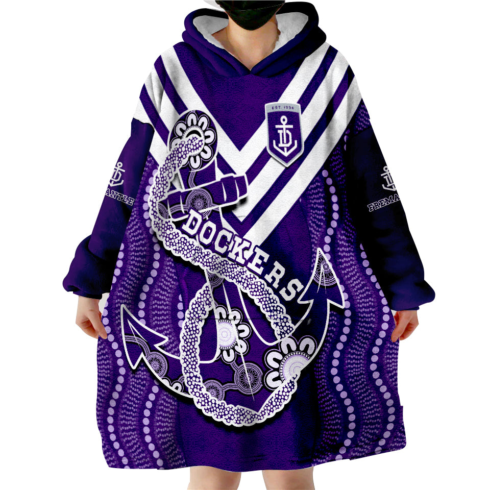 (Custom Text And Number) Dockers Football Fremantle Anchor Mix Aboriginal Pattern Dynamic Style Wearable Blanket Hoodie - Vibe Hoodie Shop