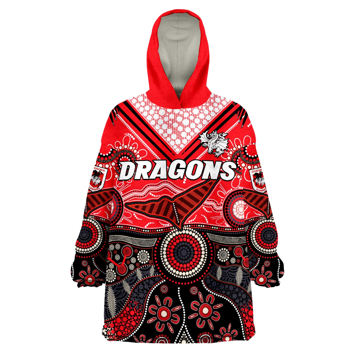(Custom Text And Number) Dragons Rugby Indigenous Pattern Artsy Version Wearable Blanket Hoodie - Vibe Hoodie Shop